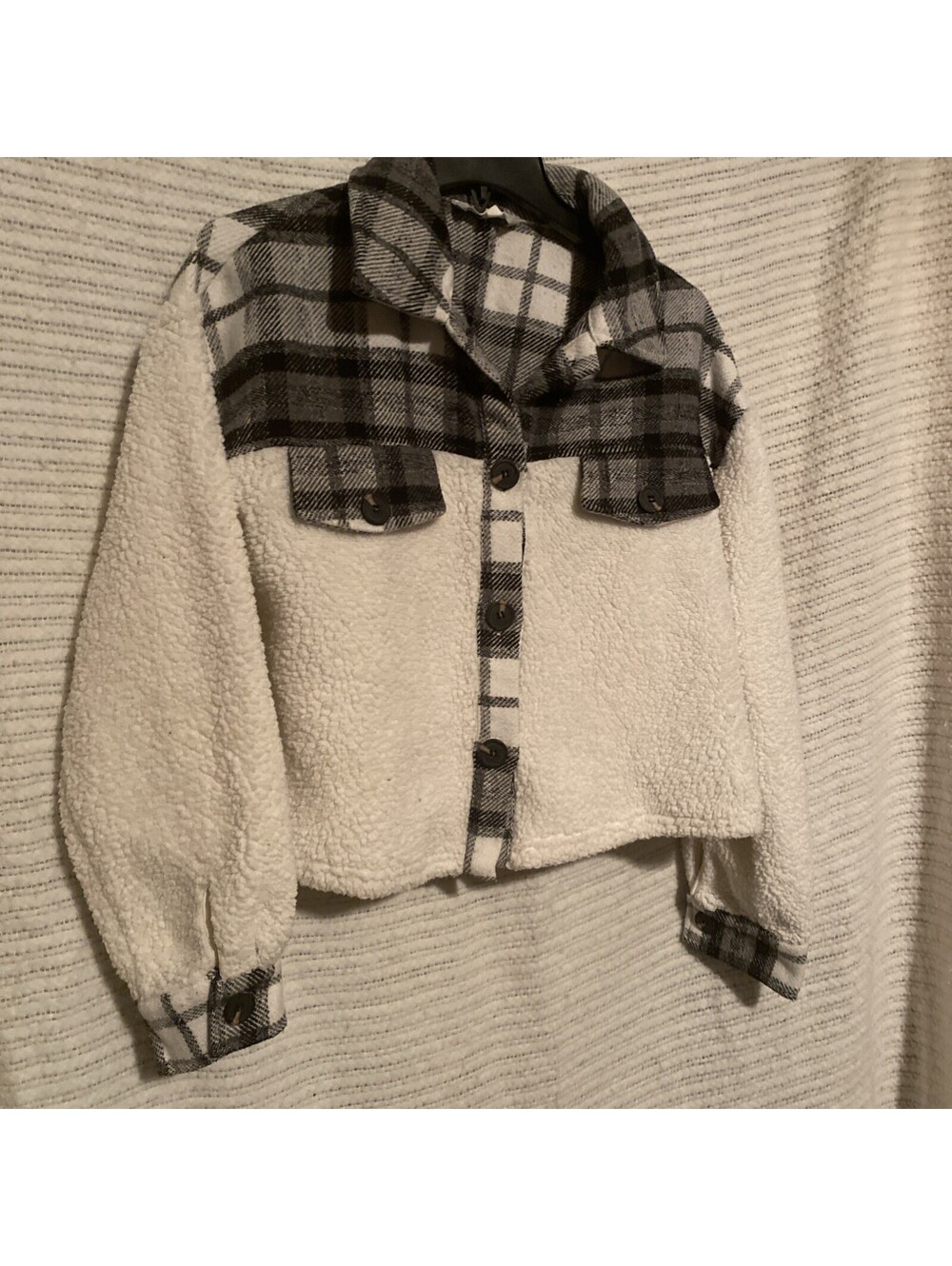 Boutique black and white plaid fluffy teddy shacket size medium